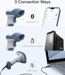 Inateck 1D 2D Wireless Barcode Scanner, Bluetooth 5.0 and 2.4Ghz Connection, USB