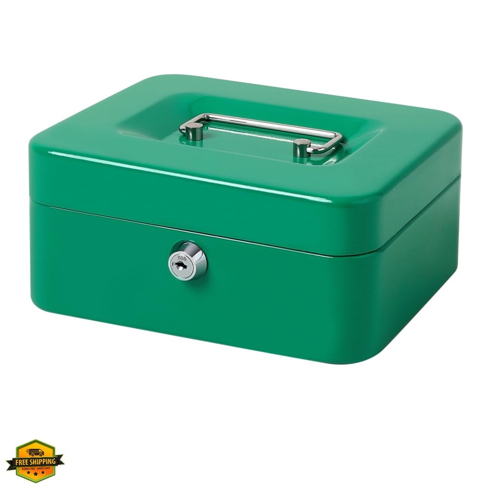 Medium Cash Box with Key Lock – Durable Metal Cash Box with Money Tray, Green…