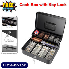 Locking Cash Box W/ Key, Money Tray, 11.8×9.45×3.54″ Metal Safe for Cash & Coins
