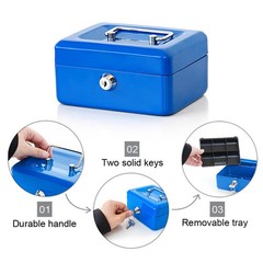 Small Cash Box with Key Lock Metal Blue 6×4 4/5×3 1/5 Inch QH1502XS Portable
