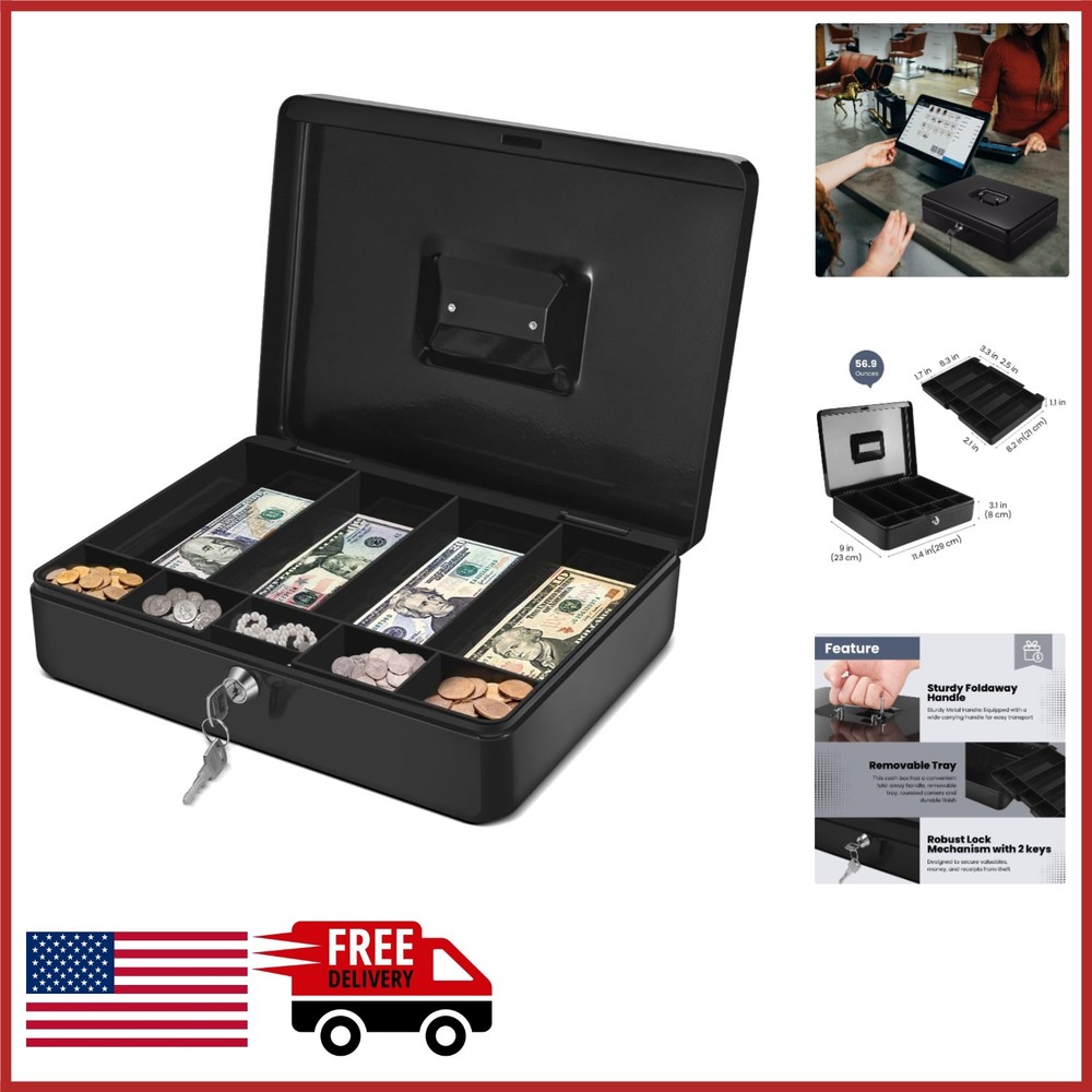 Durable Alloy Steel Cash Box with Key Lock and 9 Compartments for Easy Access