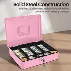 Cash Box with Money Tray and Lock – Metal Cash Box for Small Businesses, 9-Compa