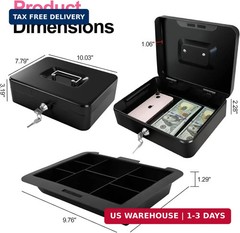 10″ Cash Box with Money Tray, Black, Large | Metal Money Safe Lock Box, Key Lock
