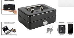 Compact Black Locking Cash Box with Durable Key Lock & Coin Tray, 4.92″x3.74″