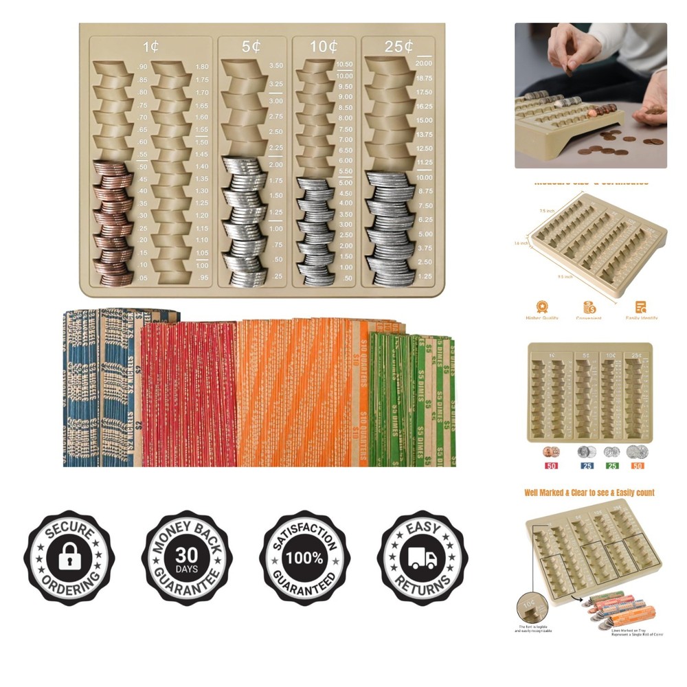 Brown Coin Counter Tray with 150 Coin Wrappers – Ultimate Sorter Solution