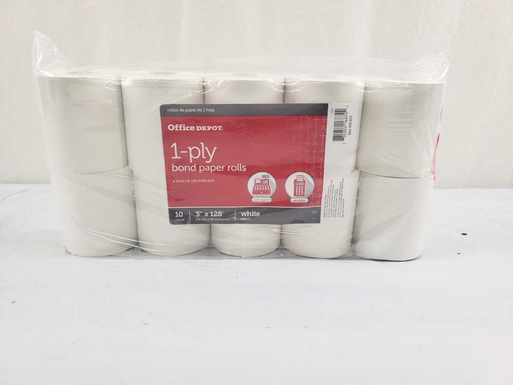 New Pack of 10 Office Depot 1-Ply Bond Paper Rolls 3 in. x 128 ft – 109-023