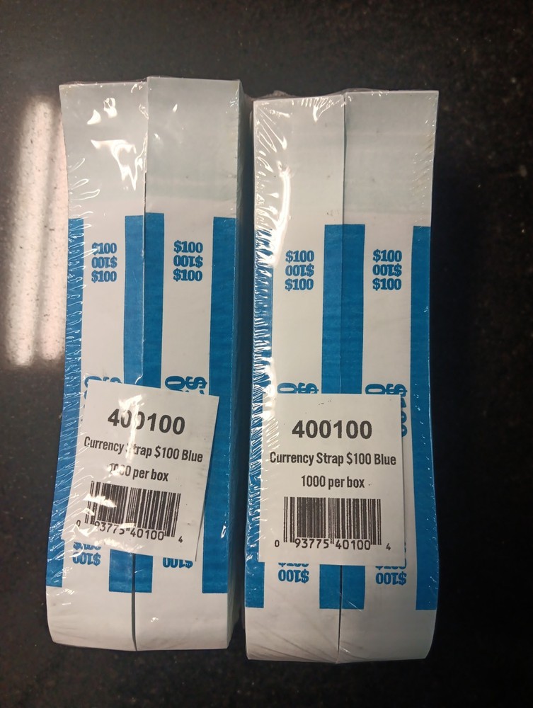 2 X Currency $ Bands Self Sealing $100 Blue Bundle of 1000 Straps US Cash Bills