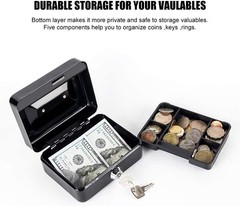 Compact Black Locking Cash Box with Durable Key Lock & Coin Tray, 4.92″x3.74″