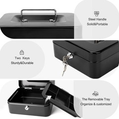 Medium Steel Cash Box with Money Tray, Lock Box, Black