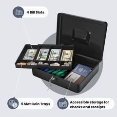 Cash Box with Money Tray, 2 Keys, Security Lock Box w/ Removable 9 Compartment