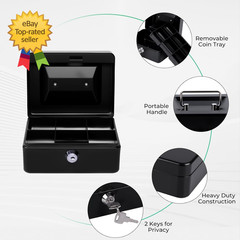 Small Cash Box with Money Tray and Lock Metal Cash Lock Box with Key Petty Box