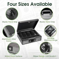 Large Cash Box with Key Lock, Secure Money Box & Removable Coin Tray – Black
