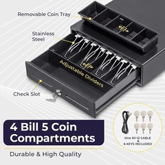 Volcora 13″ Cash Register Drawer for POS, 4 Bill 5 Coin Tray, 24V RJ11/RJ12