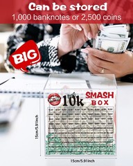 10k Smash Box for Money, Large Piggy Bank for Adults 10000 Savings Challenge Box