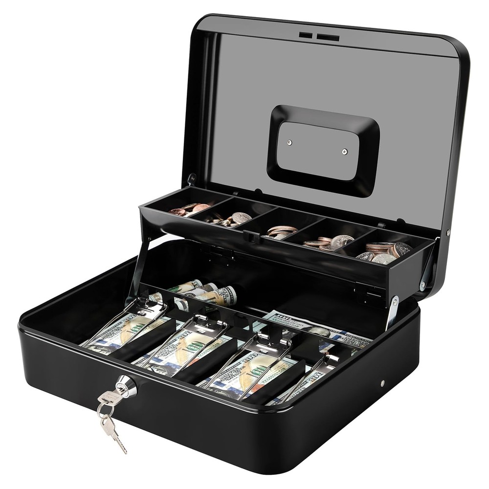 Cash Box with Key Lock 0.7mm Thick Solid Steel, AutoPop SpillProof Foam Coin…