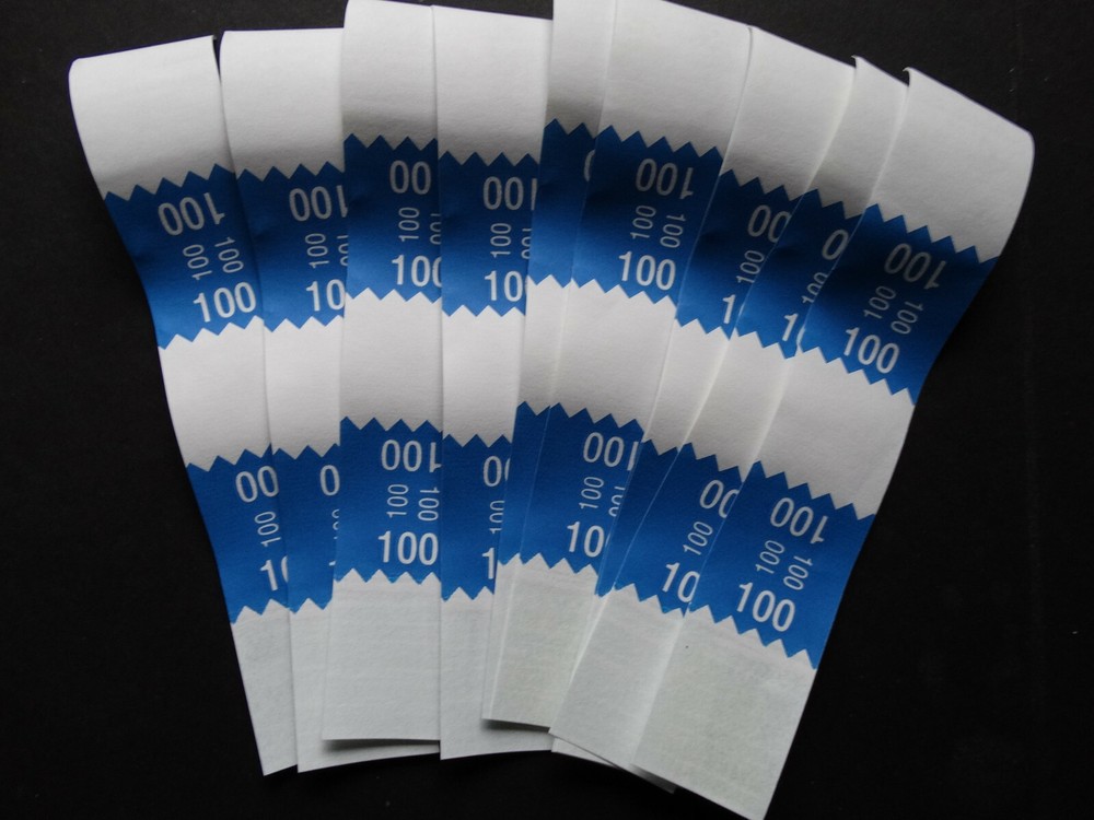 10 – Blue $100 Cash Money Self-Sealing Straps White Saw Tooth Currency Bands
