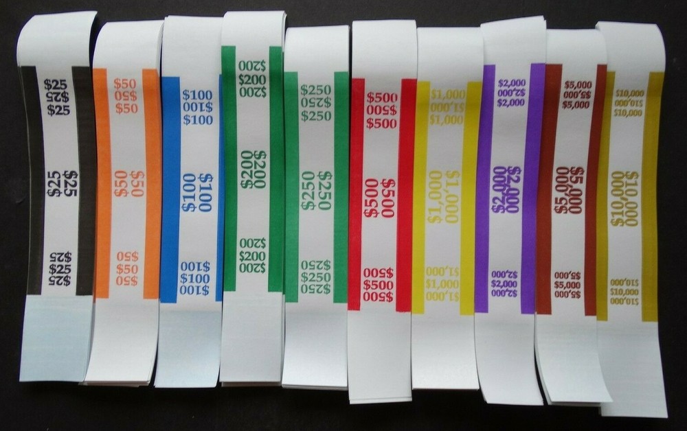 300 Mixed $25 to $10,000 Cash Money Self-Sealing Straps Currency Bands