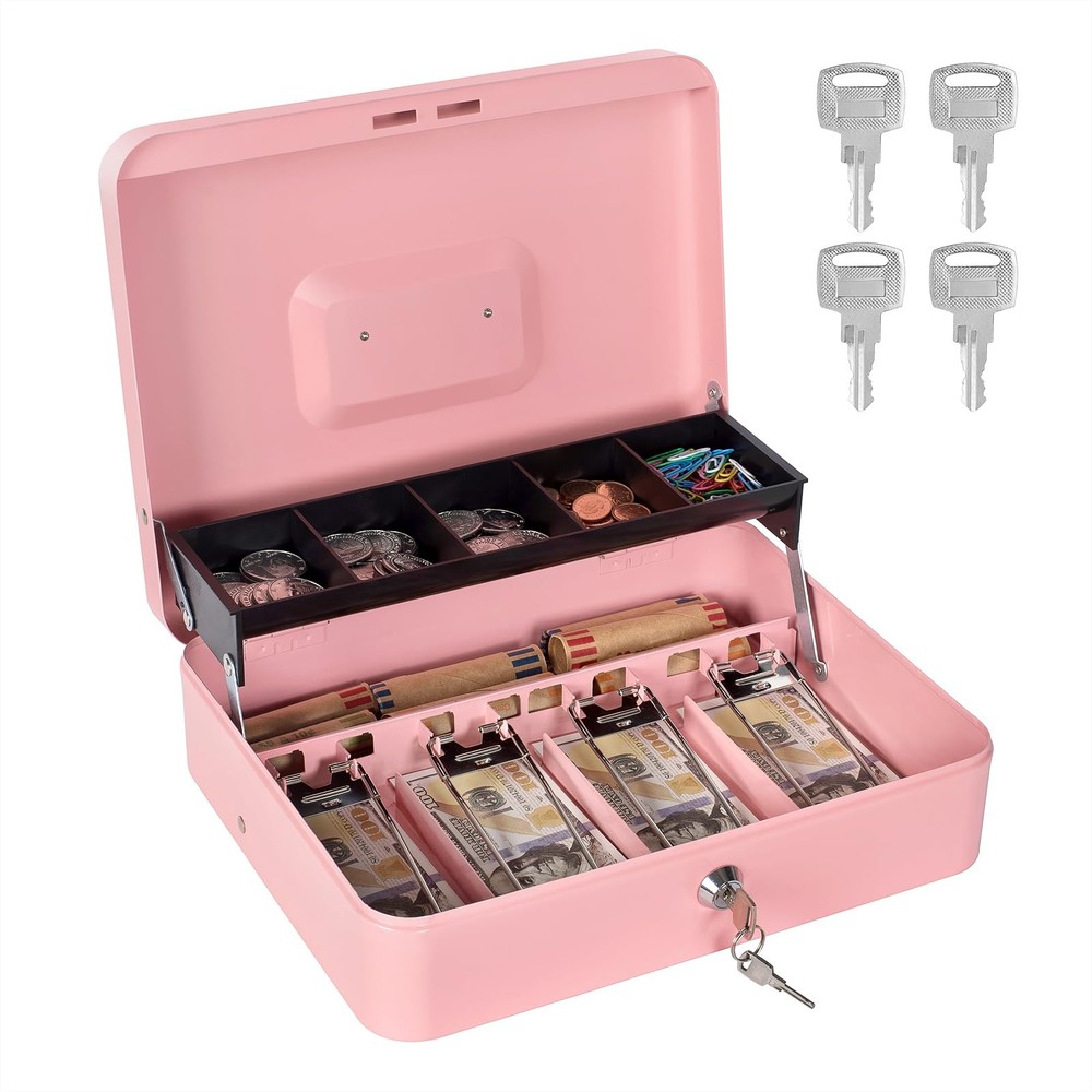 Cash Box Money Tray Lock Metal Register Safe 11.8×9.4×3.54 Inch Pink Large