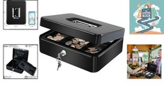 Large Black Metal Cash Box with Removable Tray & Dual Keys, Portable