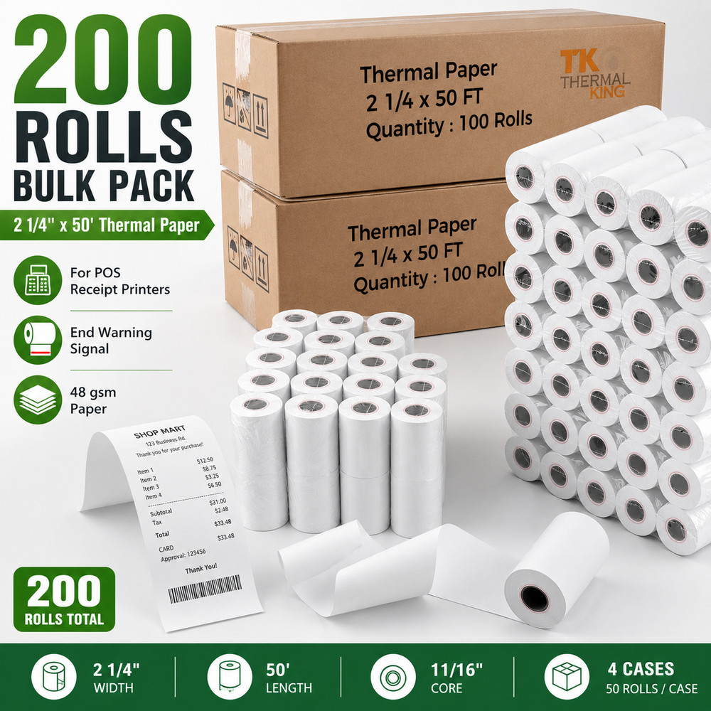 2 1/4×50 200 Rolls Thermal Receipt Paper Rolls POS Cash Register Printer