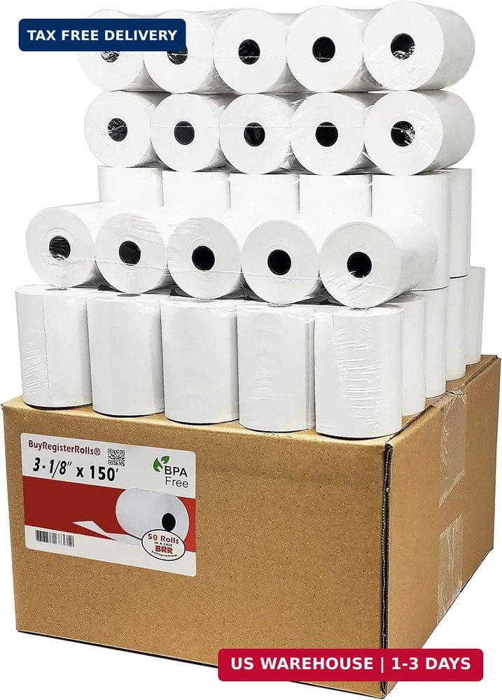Thermal Paper Rolls 3 1/8 x 150 – American Made: [50/pack] BPA Free 50 GSM Solid