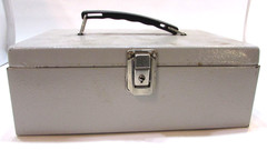 Vintage 1970s Industrial Beige Orange Peel Textured Steel Cash Box File w Handle