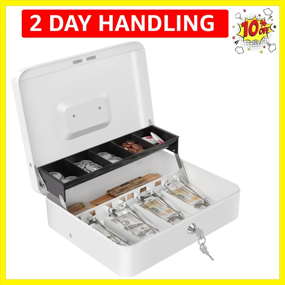 Cash Box with Money Tray and Key Lock, Large Metal Safe Money Box for Cash, L…
