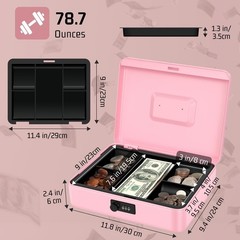 Cash Box with Combination Lock – Pink 5-Compartment Metal Cash Box with Tray