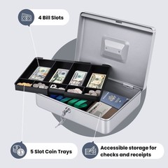 Silver Cash Box with Money Tray, 2 Keys, Lock Box w/ Removable 9 Compartment