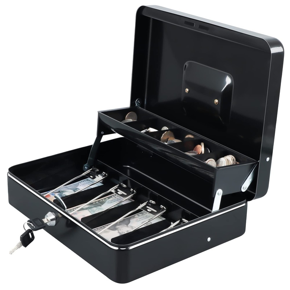 xydled Cash Box with Money Tray and Key Lock,Tiered, key lock, Black Lock