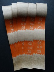 5 – Orange $25 Cash Money Self-Sealing Straps Tan Saw Tooth Currency Bands
