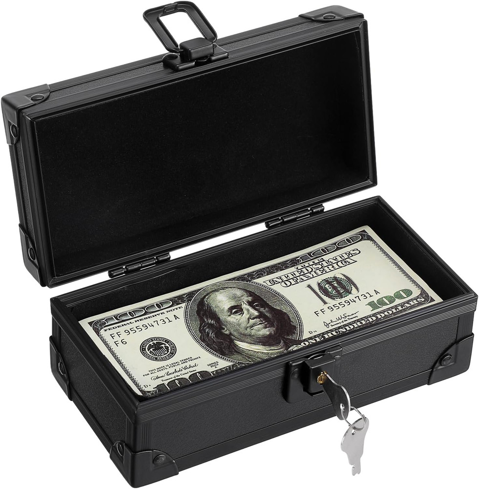Black Lockable Cash Box Money Storage Case with Lock Aluminium Alloy