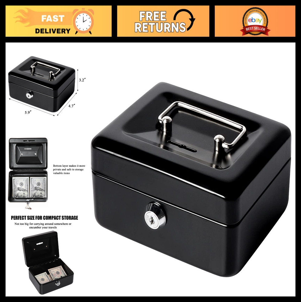 Secure Metal Cash Box for Kids – Small Lock Box with Top Slot, Black, 5.91″x4.72