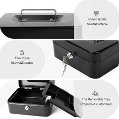 Locking Medium Steel Cash Box with Money Tray,Lock Box,Black