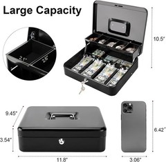 Portable Cash Drawer with Key Lock & Spill-Proof Coin Tray – Black, 11.8×9.5 in
