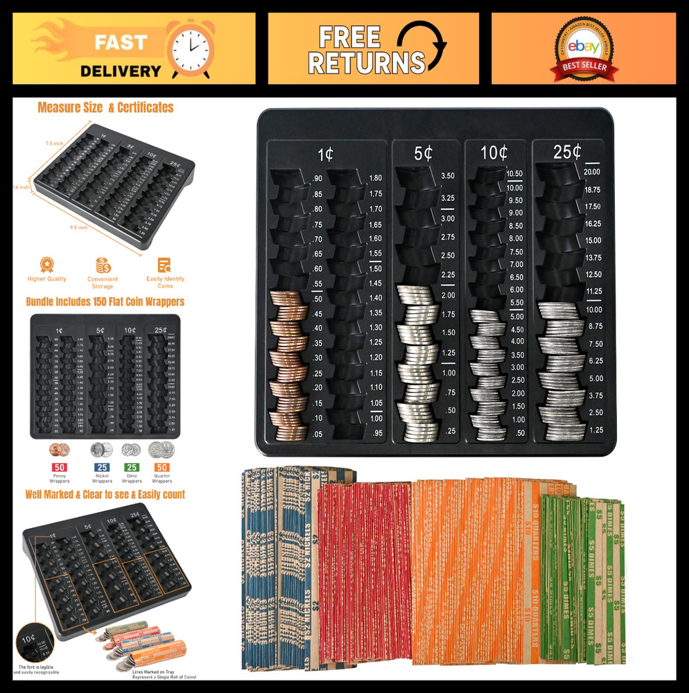 Black Coin Counter Tray with 150 Coin Wrappers – 5 Compartment Sorting Organizer