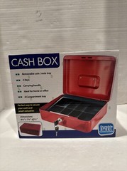 Red Cash Box with Lock, 2 Keys, 8 Compartment Tray