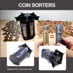 Coin Sorter Tube Coin Counter with Coin Wrappers,5-IN-1 Change Sorter3387