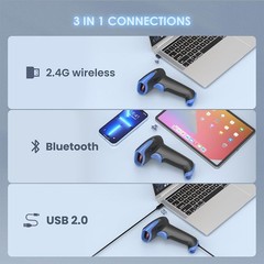 3 in 1 Bluetooth 2.4GHz Wireless Wired 1D 2D Barcode Scanner USB QR Code Reader