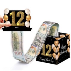 Happy 12th Birthday Money Box For Cash Pull Out Card Black Gold 50 PCS Bags