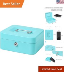 Cash Box with Key Lock – Durable Metal Cash Box with Money Tray, Light Blue, …