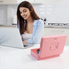 Cash Box Money Tray Key Push Button Lock Safe XL 11.8×9.45×3.54 Inch Pink