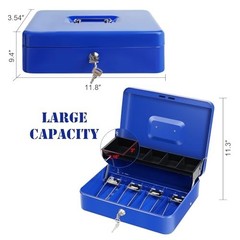 Cash Box with Lock Key Money Tray 11.8×9.4×3.54 Inch Metal Lockbox Blue for Cash