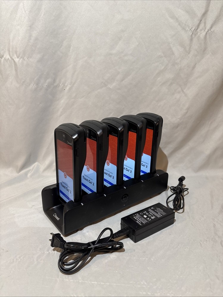 Lot of 5 Toast Go 2 Handheld POS Tablets TG200 with DTC200 Charging Dock