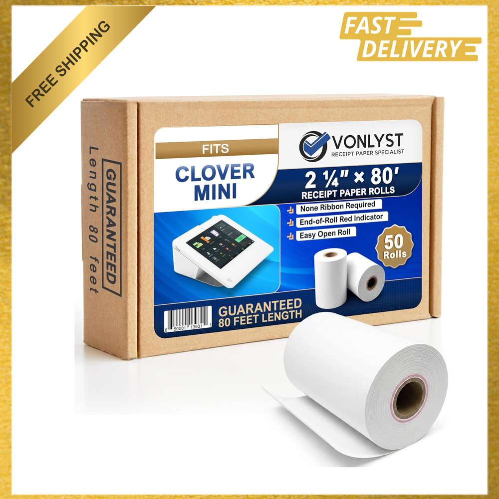 Thermal Receipt Paper Rolls, 2 1/4 Inch x 80 Feet, Compatible with Clover Mini