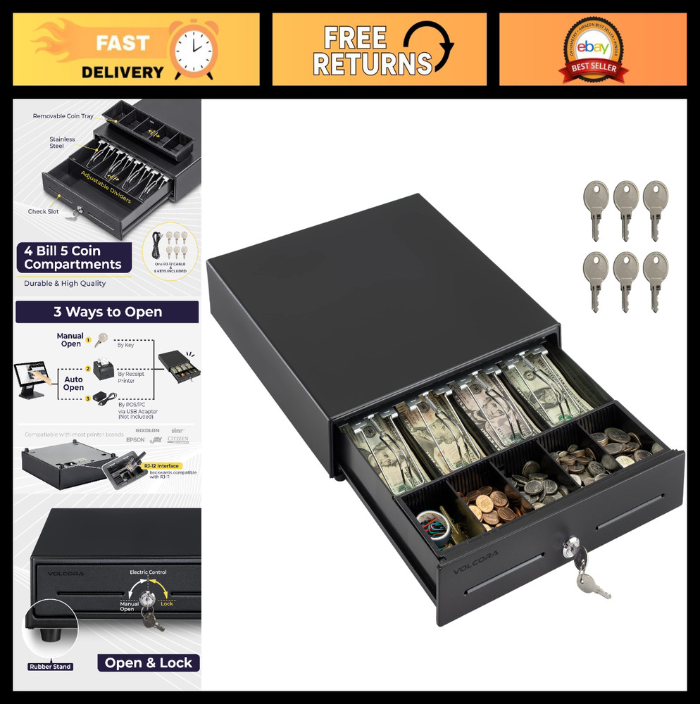 13″ Electronic Cash Register Drawer for POS System, 4 Bill 5 Coin Tray, Key-Lock