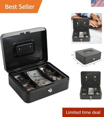 Portable Locking Steel Cash Box with Coin Tray & Key Control, 9.84×7.87in, Black