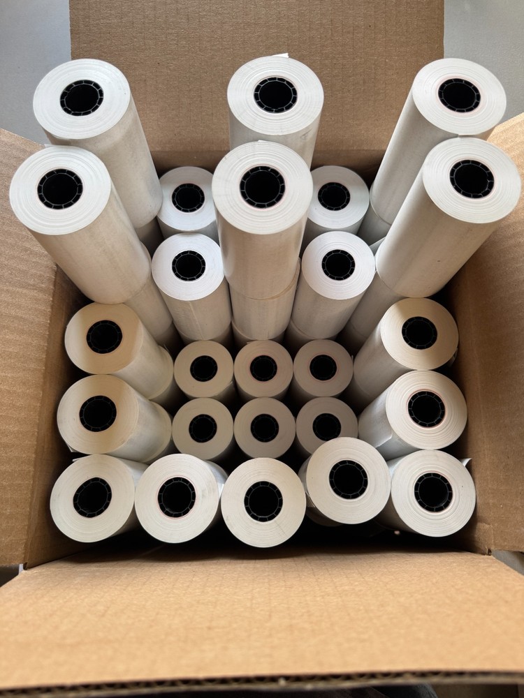 4 1/8″ x 125′ Standard 48g Thermal Paper Rolls, 0.75″ Core Case of 50 – Made USA