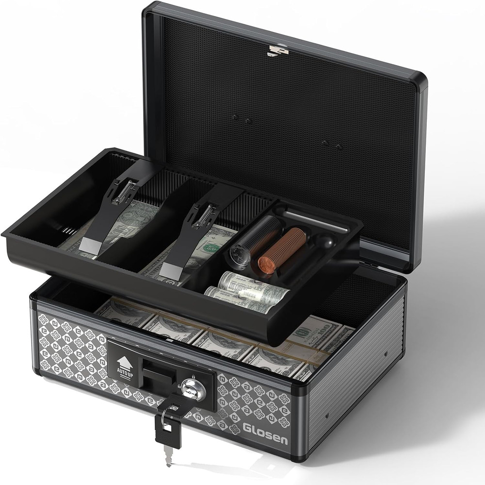 Cash Box with Lock, Money Box with Key Lock & Removable Coin Tray 8.85 * 5.3 * 1