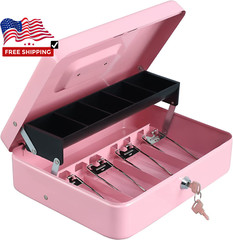 Pink Cash Box with Money Tray and Key Lock,Tiered,4 Bill /5 Coin Slots for girls